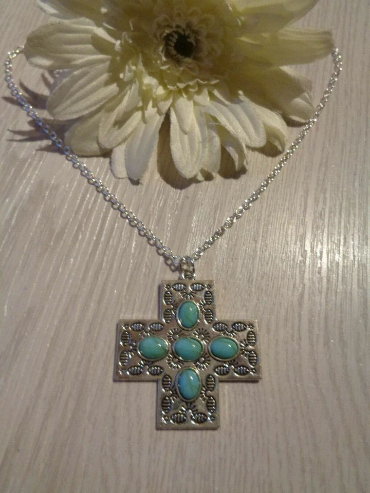  Außergewöhnliche Gliederkette silber   "Kreuz"    Türkis howlith Imitat - Bild 1 von 1