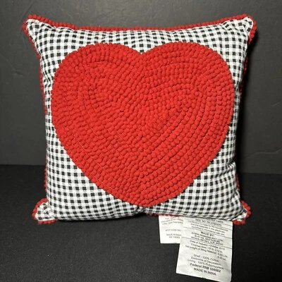 Bella Lux Embellished LOVE Decor Heart Black Gingham Pillow 12"x12" Valentine’s - Image 1 of 4