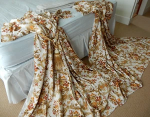 Vintage Pair Lined Curtains Cotton Sateen AUTUMNAL Florals Acanthus Leaf Scrolls - Picture 1 of 16