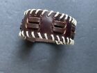 Southwestern Adjustable Cuff Bracelet 8” Vintage Leather Brown Cotton Stitched
