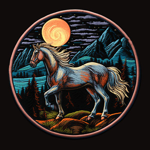 Horse Patch Iron-on Applique Farm Animal Badge, Moonlight Mare Pony Mustang