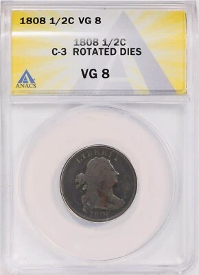 1808 ANACS VG 8 BN Draped Bust Half Cent C-3 (Cohen 3) Rotated Dies - Image 1 of 2