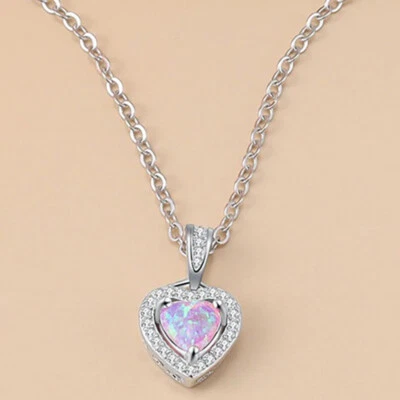 925 Sterling Silver Womens Pink Fire Opal Chain Link Heart Pendant Necklace D681 - Image 1 of 4
