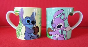 Disneyland Paris Lilo & Stitch Pair Aloha Means Love Mugs Heart Handles Rare (L) - Picture 1 of 13