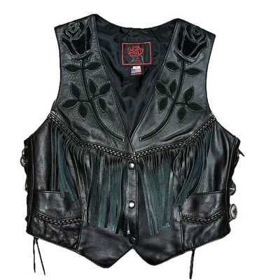 VTG 90s Fashions By Rose Black Leather Biker Vest Womans Side Laces/Fringe USA - Image 1 of 4