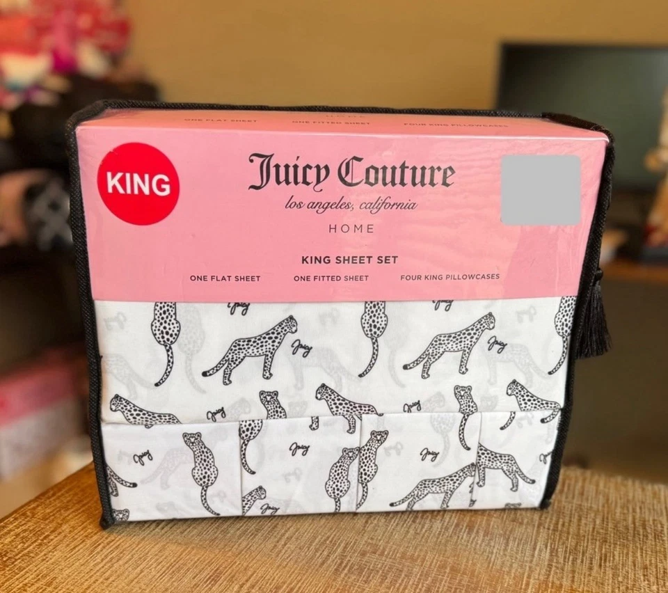 Juego de sábanas JUICY COUTURE 6 piezas TALLA KING estampado de logotipo de leopardos blancos Foto 1 de 1
