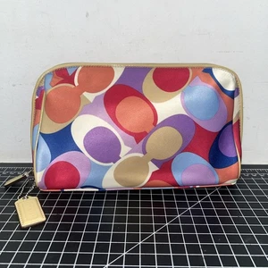 Coach Signature Scarf Print Cosmetic Bag Multicolor Satin Beige Patent Trim - Picture 1 of 10