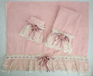 Vintage Stevens Menge 3 dekorative rosa Spitze BTHRM Handtücher Handarbeit Perlen gebraucht - Bild 1 von 17