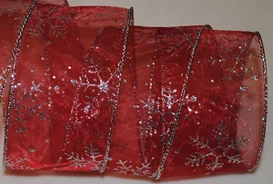 Wired Ribbon~Red Sheer Silver Snowflake~Christmas~Wreath~Gift~2.5"~Holiday~Bow - Picture 1 of 2