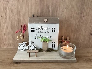 Deko Aufsteller Mit Teelichthalter Haus Verziert Grundstück Auf Sockel Shabby - Bild 1 von 4