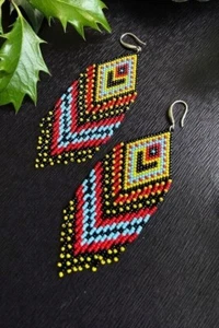 Tribal Ohrringe Indianer groß Boho American Rocailles Handarbeit Ohrring - Bild 1 von 3