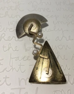 Lewis & Heubner L&H Pearl 925SS Gold Fill Subtle GeoPatterned Articulated Brooch - Picture 1 of 10