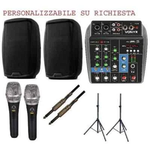 IMPIANTO KARAOKE 822 PACK coppia casse amplificate + mixer + microfoni +supporti - Foto 1 di 3