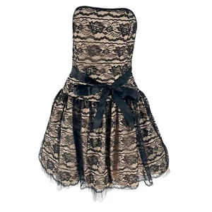 Jessica McClintock Gunne Sax Dress 9/10 Black Lace Nude Tulle Mini Prom Vintage - Picture 1 of 13