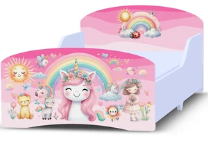 Pink Rainbow Unicorns Girls Toddler Kids Junior Bed + Foam Mattress 70x160 cm - Picture 1 of 8