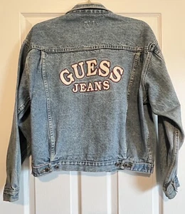 Vintage Guess Jeans Denim Trucker Jacket Spellout Triangle Y2K 90s Large - Picture 1 of 17