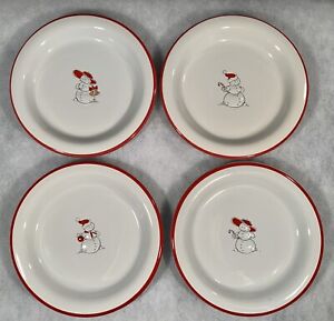Set Of 4 SNOW PEOPLE 6” APPETIZER Plates: Christmas • Red & White • Stoneware