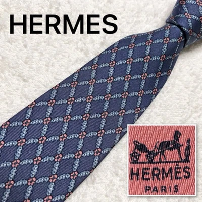 HERMES Tie Check 100 Silk Made in France Blue Business _#hr577 - Image 1 of 4