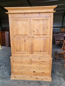 20thC panelled pine wardrobe linen press 2 over 3 drawers hanging - Picture 1 of 10