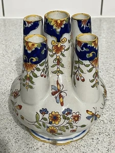 FRENCH FAIENCE HANDPAINTED FLORAL FINGER SPOUT TULIP VASE ROUEN OR DESVRES - Picture 1 of 14