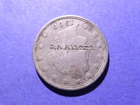 1900 Liberty V Nickel  Counterstamped  J.A. Allard Cover