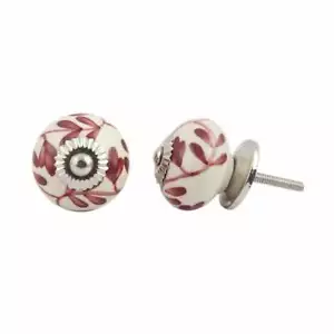 Round White Cabinet Knob Hand Painted Dark Red Leaves | Drawer Pull - Picture 1 of 2