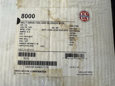 US MOTORS 8000 BELT DRIVEN FAN & BLOWER MOTOR  1/4 HP 115 V 5.3 AMPS New In Box - Image 1 of 3