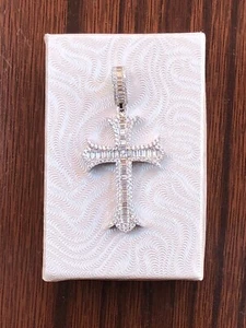 Mens 925 Sterling Silver Baguette Cz Cross Pendant 32mm(1.26")/45mm(1.77") - Picture 1 of 10