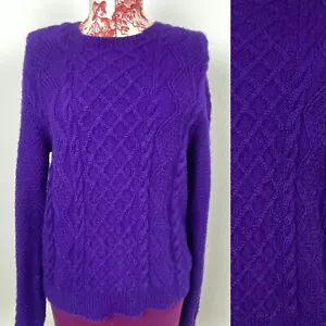MAGLIONE vintage fatto a mano VIOLA 100% LANA lavorato a mano maglia con cavo caldo inverno accogliente taglia M? - Foto 1 di 11