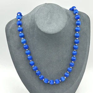 Vintage Silk Covered Beaded Necklace Silver Spacer Beads Royal Blue 29" - Picture 1 of 13