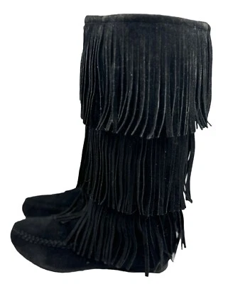 De colección Años 90 Negro Gamuza Flecos Mocasines Mujer 5 Hippie Bohemio Festival Botas Foto 1 de 4