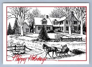Postcard Vtg Christmas Holidays Horse Carriage House - Picture 1 of 2