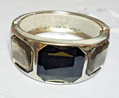 Vtg Silver Tone Metal Clear Black Glass Insert Clamper Bracelet  Fashion Costume Foto 1 de 4