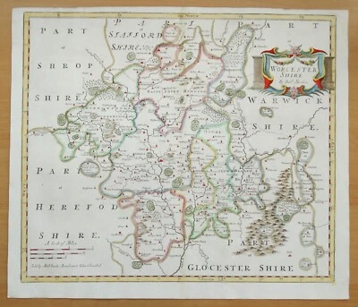 Antique Map WORCESTERSHIRE, Robert Morden, original old vintage map 1722 - Image 1 of 3