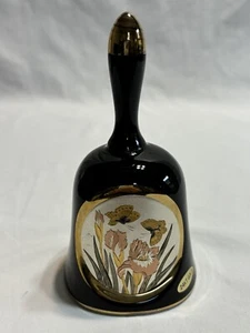 Vintage Chokin Bell Black W/ 24k Gilded Trim Butterfly & Flowers Scene - Picture 1 of 8