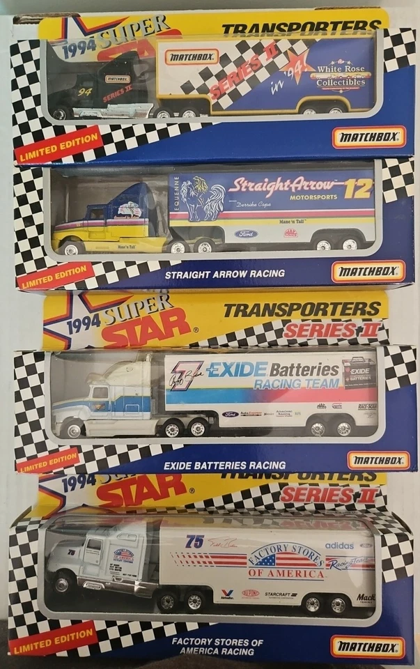4X MATCHBOX NASCAR #12 #7 #75 STRAIGHT ARROW EXIDE SUPER STAR TRANSPORTERS! S129 - Image 1 of 2