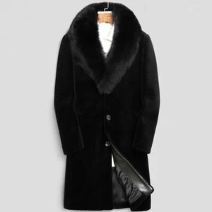 Para hombre Cuello de Piel Largo Negro Invierno Más Grueso Sobretodo Prendas de abrigo Chaqueta Abrigo Nuevo - Imagen 1 de 9