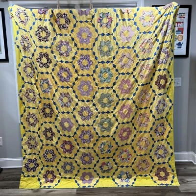 RESCUE Vibrant Vintage Handsewn Grandmother’s Flower Garden Hex Quilt 76” X 90” - Image 1 of 4