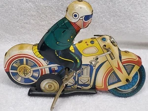 Vintage Tin Litho Motorcycle With Rider Mechanical Tin Toy Wind Up China - Picture 1 of 9