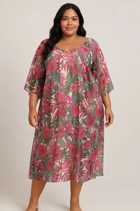 LARA GUIDOTTI Italian Chiffon Silk Midi Dress Tropical Floral Print Size 1X - Picture 1 of 12