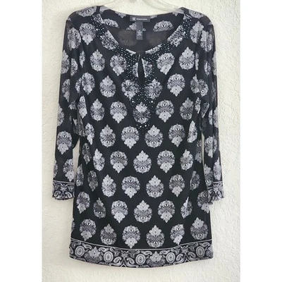 TOP/BLOUSE/TUNIC Style-INC Int'l Concepts-Black & Gray-Beading-Longer Length-MED - Image 1 of 4