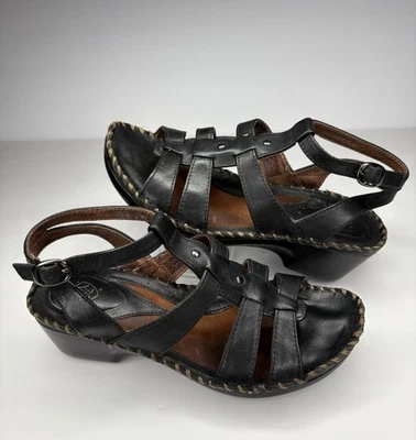 ARIAT Women’s Size 7.5 Sandals Black Leather Buckle Vamp Slide Wedge 2" Heels - Image 1 of 4