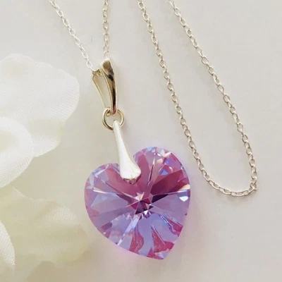 925 Silver Crystal Necklace Heart Pendent Violet Made With Austrian Crystals - Image 1 of 4