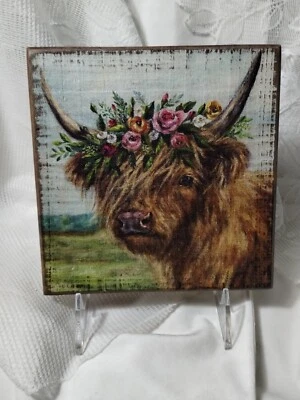 Primitives by Kathy SPRING HIGHLAND FLORAL WOOD BLOCK SIGN PLAQUE wall wreath - Image 1 of 2