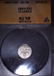 1859 Silver Three Cent, ANACS AU58, Fun Piece - Picture 1 of 2