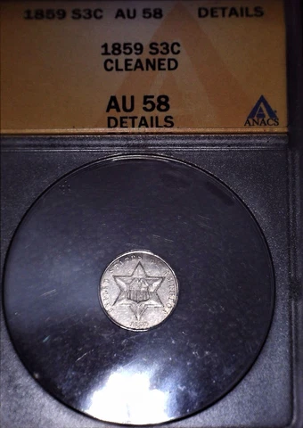 1859  Silver Three Cent, ANACS AU58, Fun Piece Cover