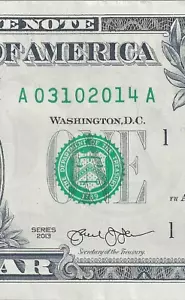 March 10, 2014 serial Number 1 Dollar Bill Birthday/Anniversary Note A03102014A - Picture 1 of 3