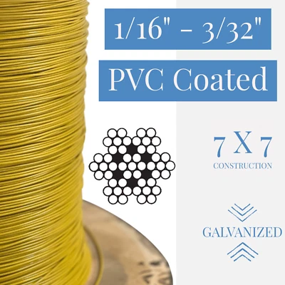 LAUREOLA INDUSTRIES 1/16" to 3/32" PVC Coated Yellow Color Galvanized Cable 7x7 Strand Aircraft Cabl