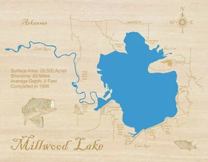 Millwood Lake, AR - Laser Cut Wood Map | Wall Art | Made to Order - Picture 1 of 6