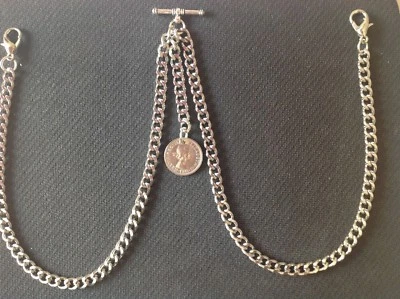 Double Albert Pocket Watch Chain with "Lucky" ER II Sixpence Fob,silver coloured - Image 1 of 4